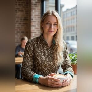 Boden Brown Teal Print Button Front Blouse Size 10P